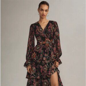 NWT Hutch Long-Sleeve V-Neck Wrap Maxi Dress (Anthropolgie) Pink Combo Size L